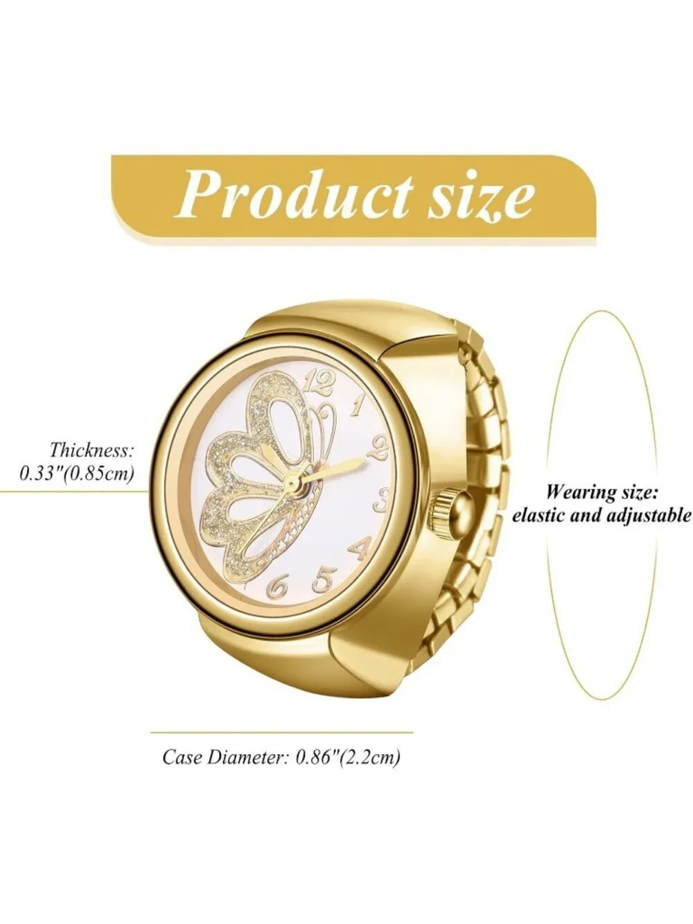 Unisex All Gold Analog Quartz Plated Elastic Butterfly Simple Finger Ring Watch